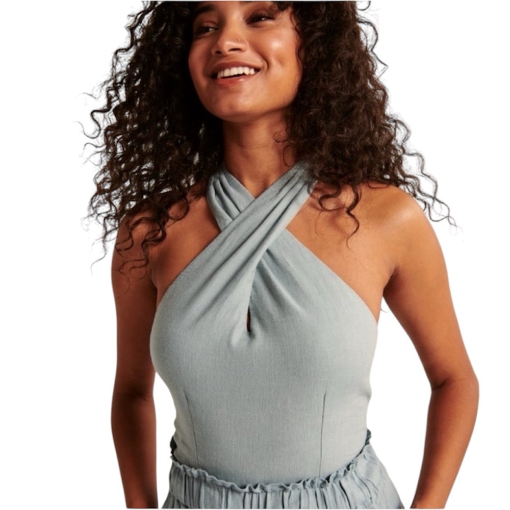 Abercrombie And Fitch Twistfront Linen Blend Cropped Blue Halter Top Size XL